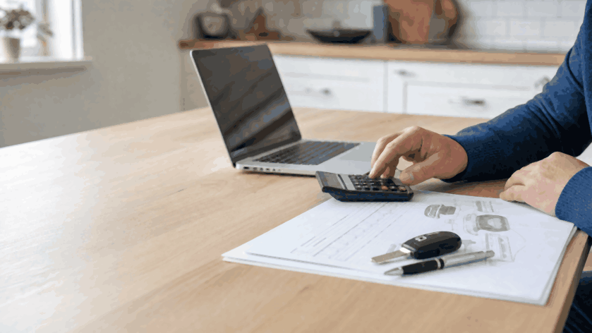 Driver calculating diminished value with a calculator and the repair invoice