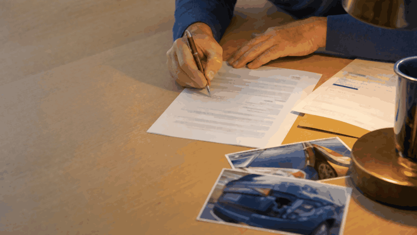Signing a diminished value demand letter with the repair invoice beside it